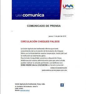Preocupación en la Cooperativa Agrícola Avellaneda por la aparición de cheques truchos