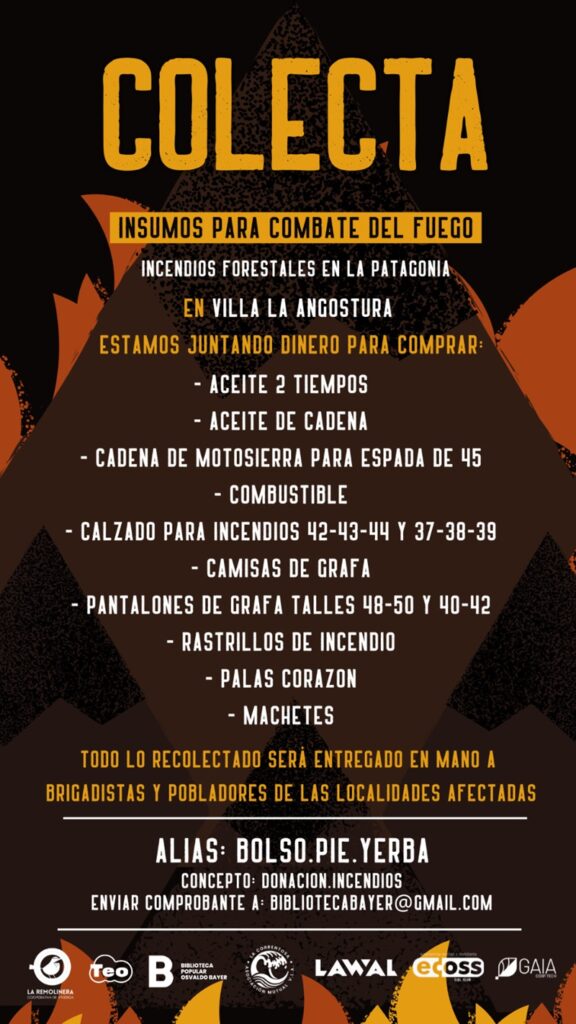 Cooperativas de Villa La Angostura lanzan colecta solidaria para combatir los incendios